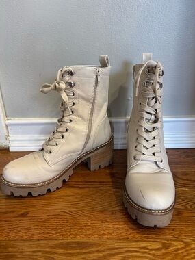 Women's Lace-Up Chunky Heel Combat Boots - Cream